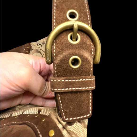 Vintage Coach Signature Logo with Suede & Brass Rivets SM bag #DO4J-7057 ✨👜💼🤎 - Picture 5 of 12